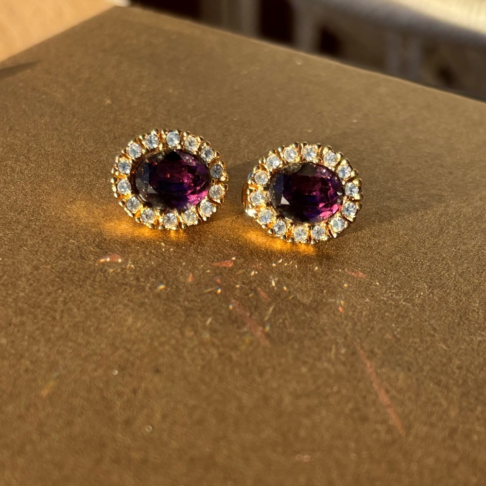 Christian Dior Amethyst Gold Plated Clip On Earrings Authentic Vintage - Picture 5 of 13